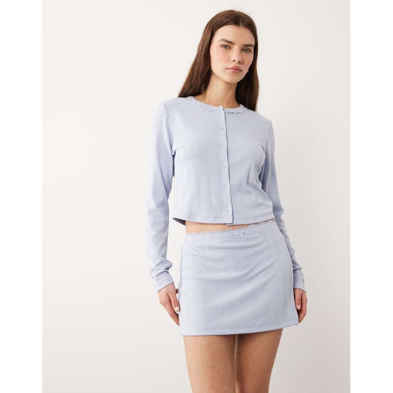 ASOS DESIGN pointelle mini skirt with lace trim in blue-White