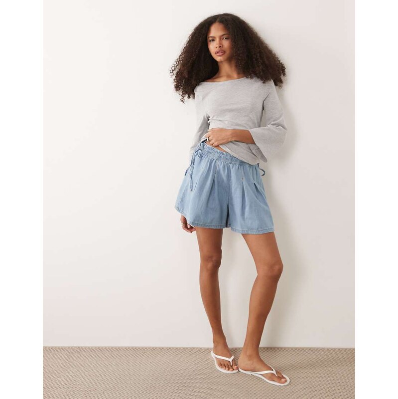 Miss Selfridge flared short with bow detail in mid blue wash 115523170