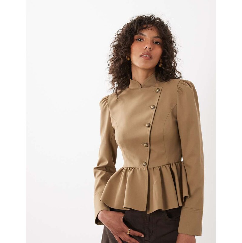 Miss Selfridge asymmetric military jacket in camel-Neutral