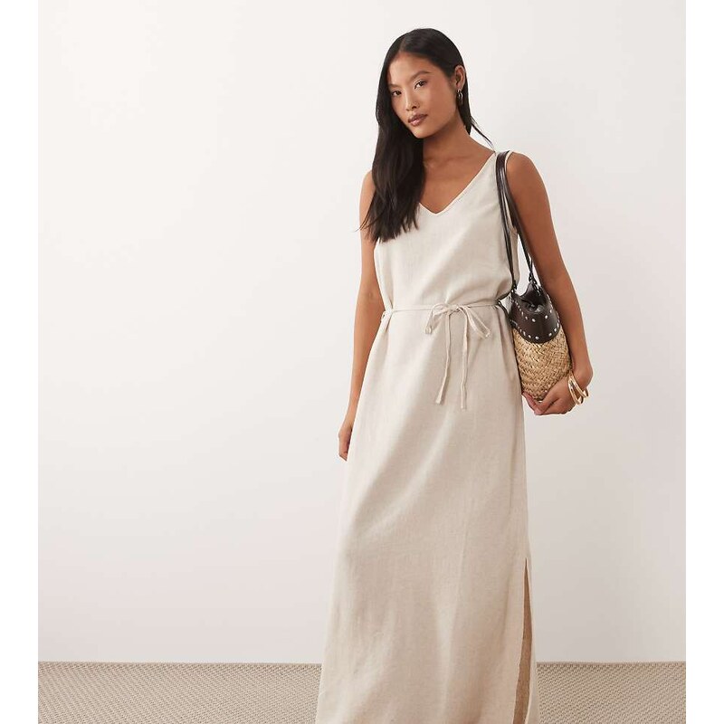 JDY Petite tie waist linen blend maxi dress in oatmeal-Neutral 115382707