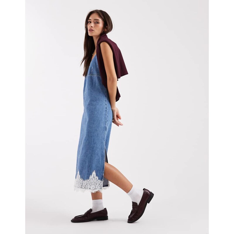 Levis 90s denim midi slip dress with lace hem in blue