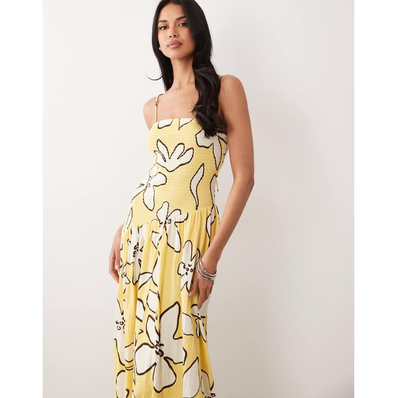 ASOS DESIGN crinkle cami tie back midi dress with asym waist in yellow sketch floral print