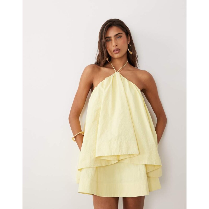 ASOS DESIGN halter neck trapeze mini dress in soft yellow