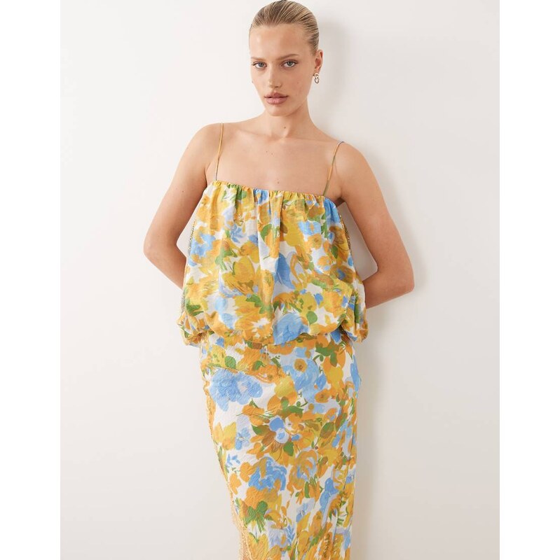 ASOS DESIGN bubble top lace applique midi dress in yellow floral-Multi