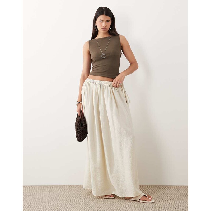 ASOS DESIGN tie waist soft crinkle maxi skirt in oyster-White