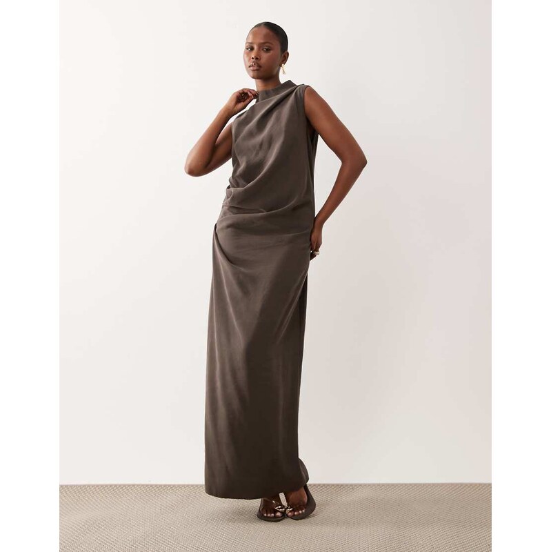 ASOS DESIGN column slouchy hip maxi dress in chocolate-Multi
