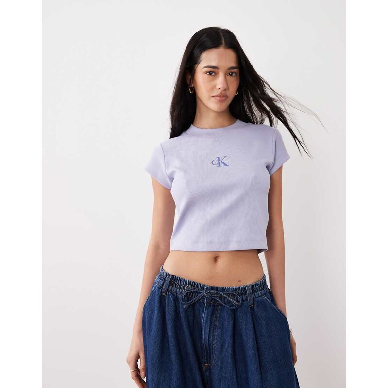 Calvin Klein Jeans monologo ribbed baby tee in lilac-Purple 115388734