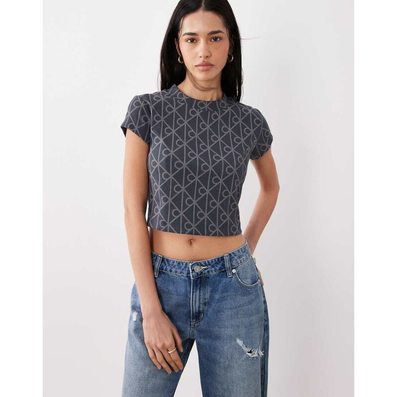 Calvin Klein Jeans embossed logo cropped baby tee in grey 115382729