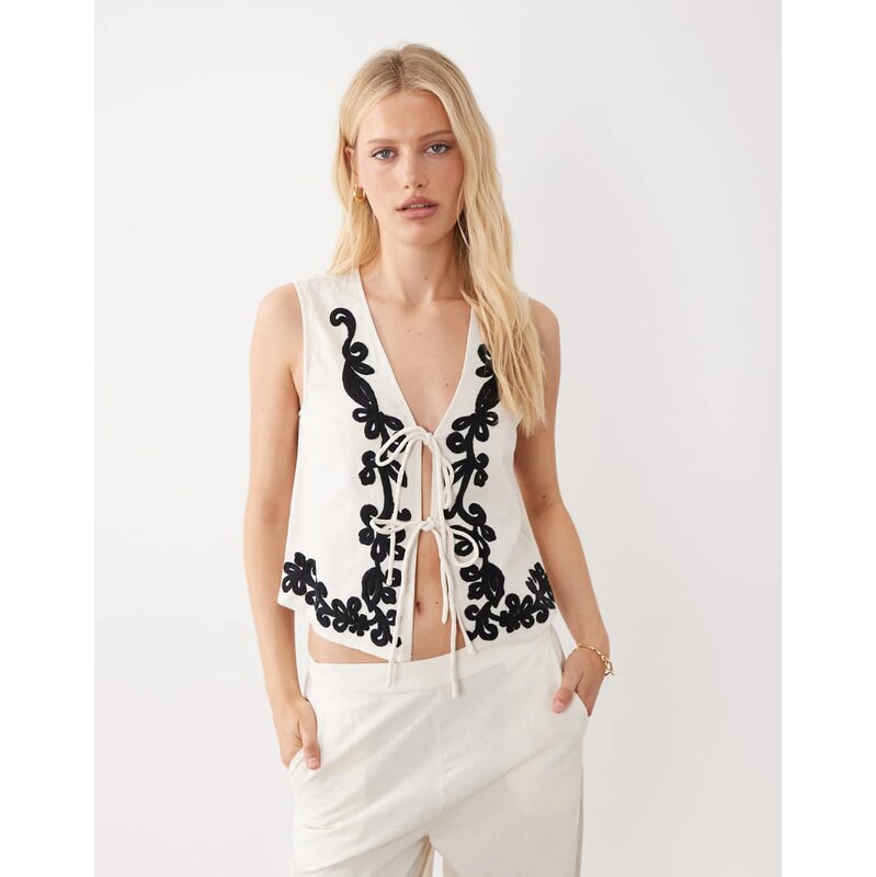 Vila tie front embroidered vest co-ord in super light melange