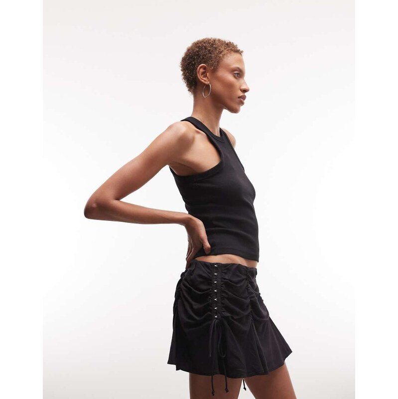 Weekday mini skirt with gathered hook and eye detail in black