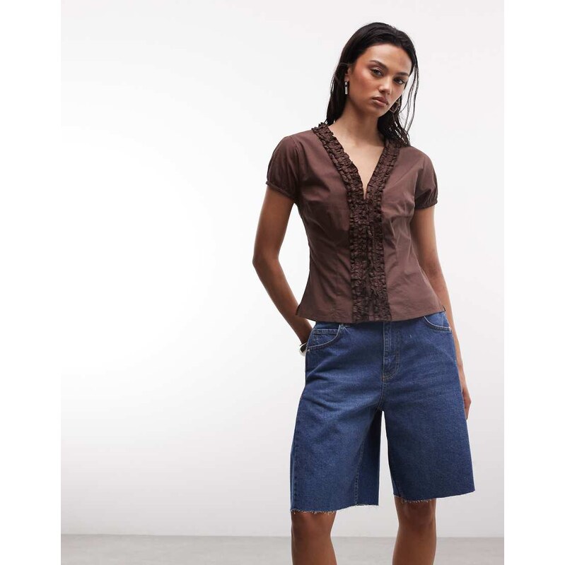 COLLUSION frill detail short sleeve blouse in brown