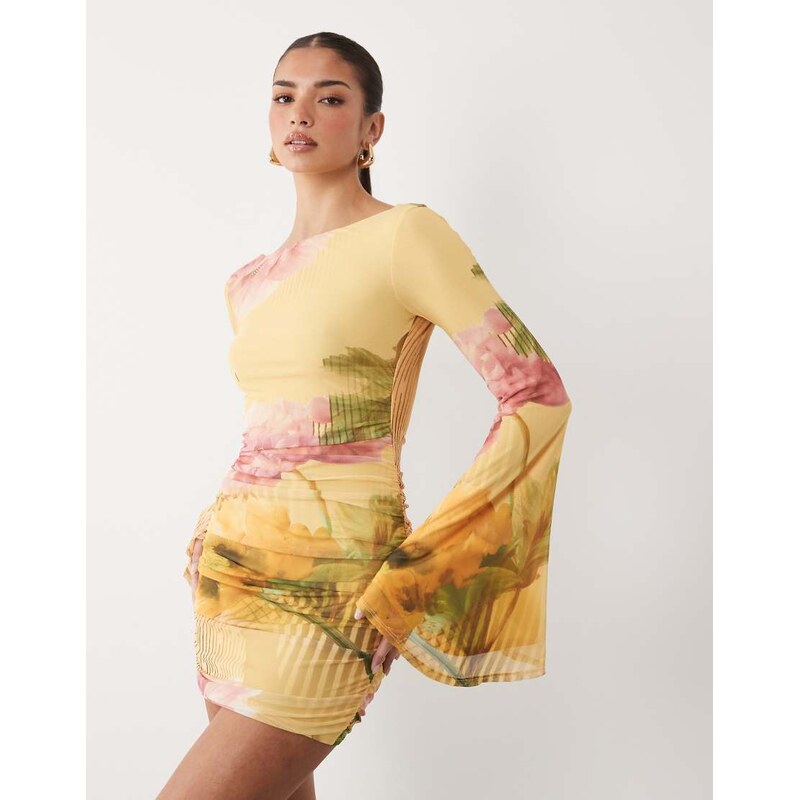 ASOS DESIGN mesh waterfall sleeve ruched mini dress in yellow