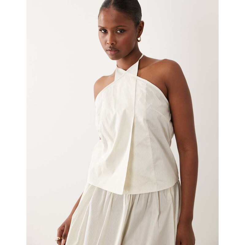 Mango Corfu cotton mix halterneck top co-ord in beige pinstripe 115388762