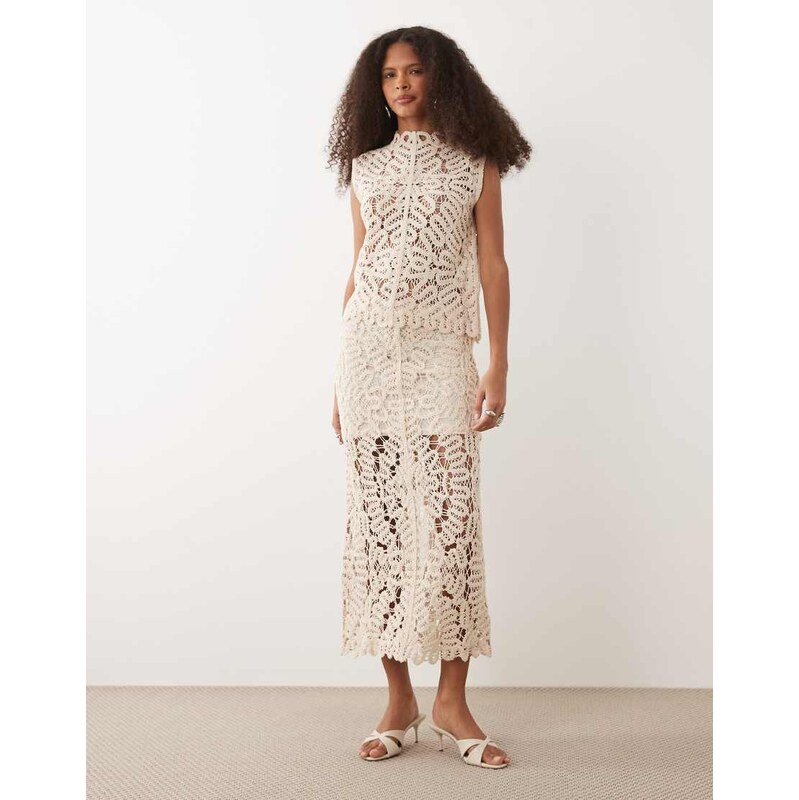 Mango Setenta crochet midi skirt co-ord in beige-Neutral
