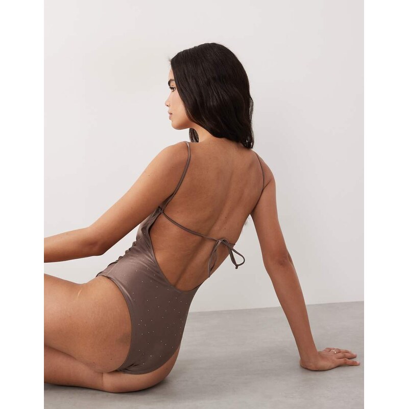 Mango shimmer tie back swimsuit in mushroom-Brown