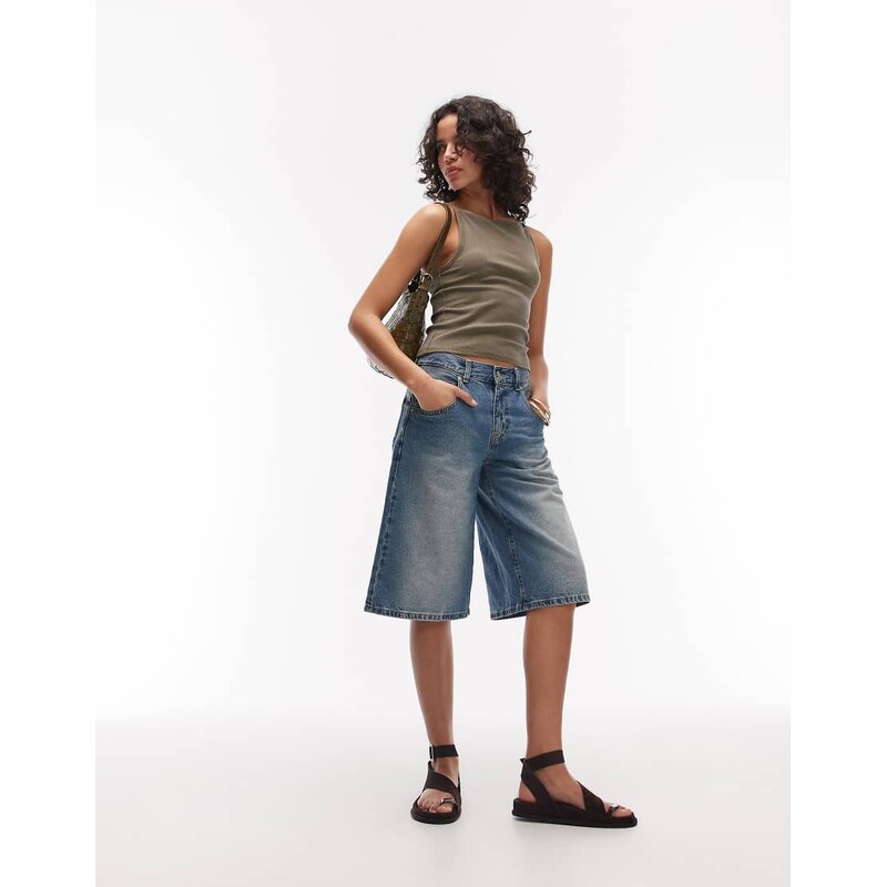 Levis super baggy long denim jorts in mid blue