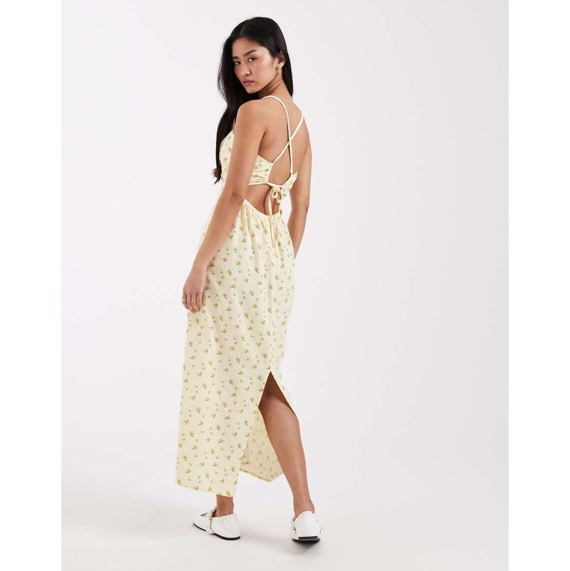JJXX linen mix maxi dress with floral print in butter yellow