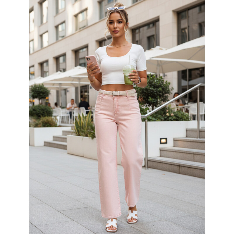 BASIC Pánské džíny wide leg s vysokým pasem růžové Světle růžová