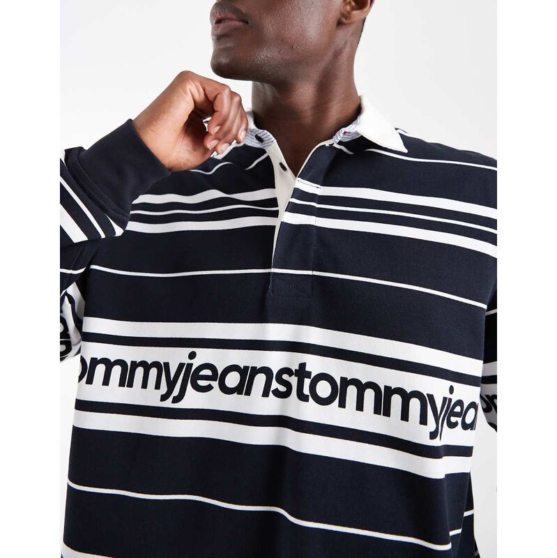 Tommy Jeans branded relaxed fit rugby shirt in navy stripe