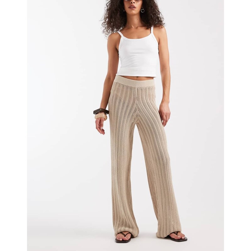 River Island wide leg knitted trousers in stone-Neutral 115493653