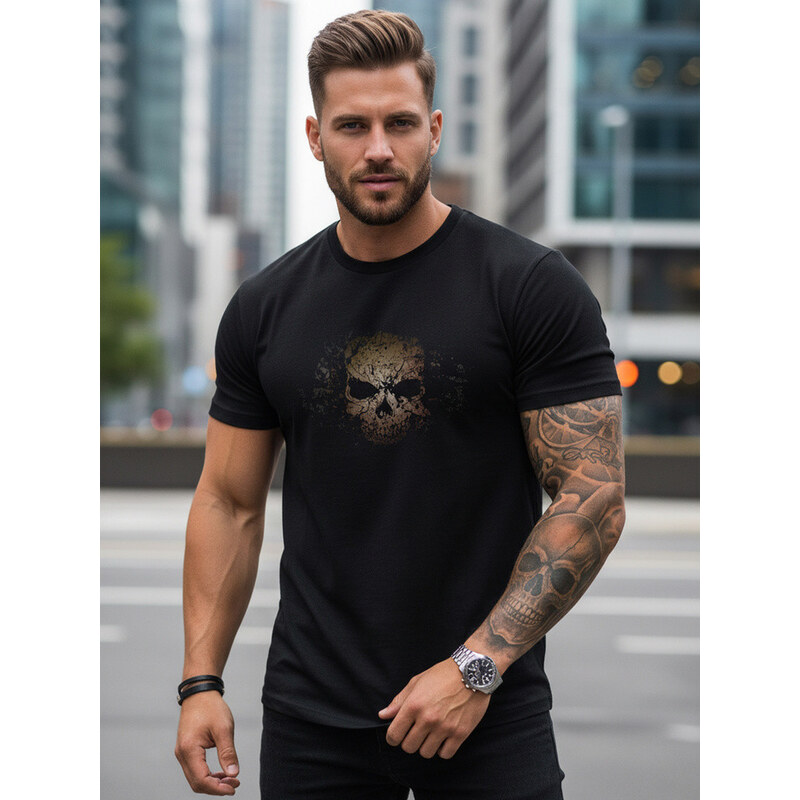 FashionStreet Pánské tričko s potiskem lebky černé NX0091R