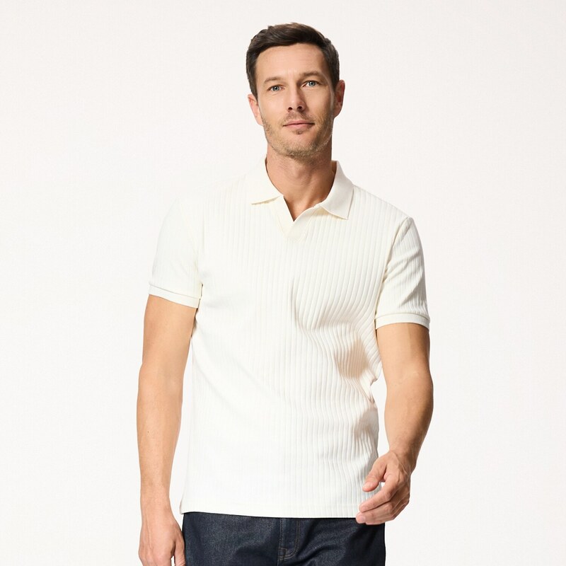 Reserved - Žebrované slim polo tričko - krémová