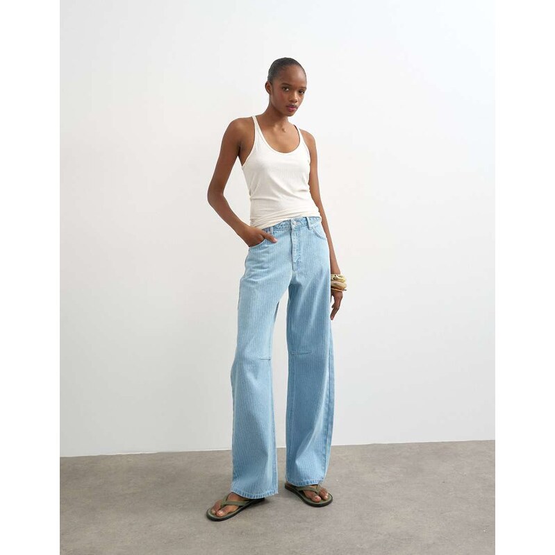 Topshop Barrel mid rise jean in bleach pinstripe-Blue