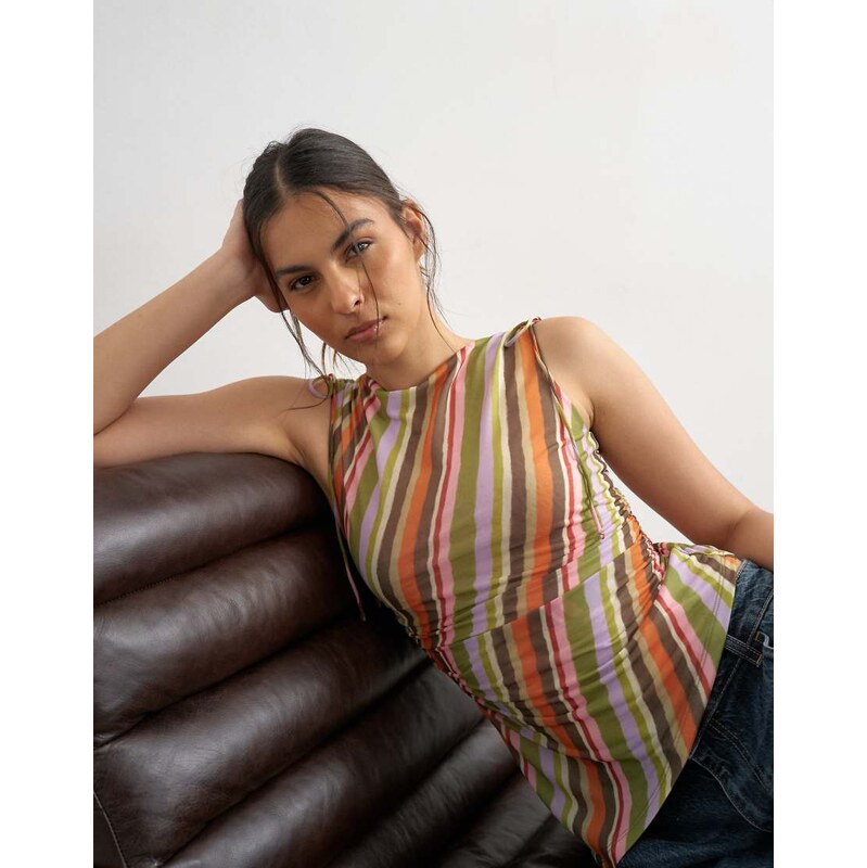 Topshop stripe ruched drawcord tank in orange 115743832