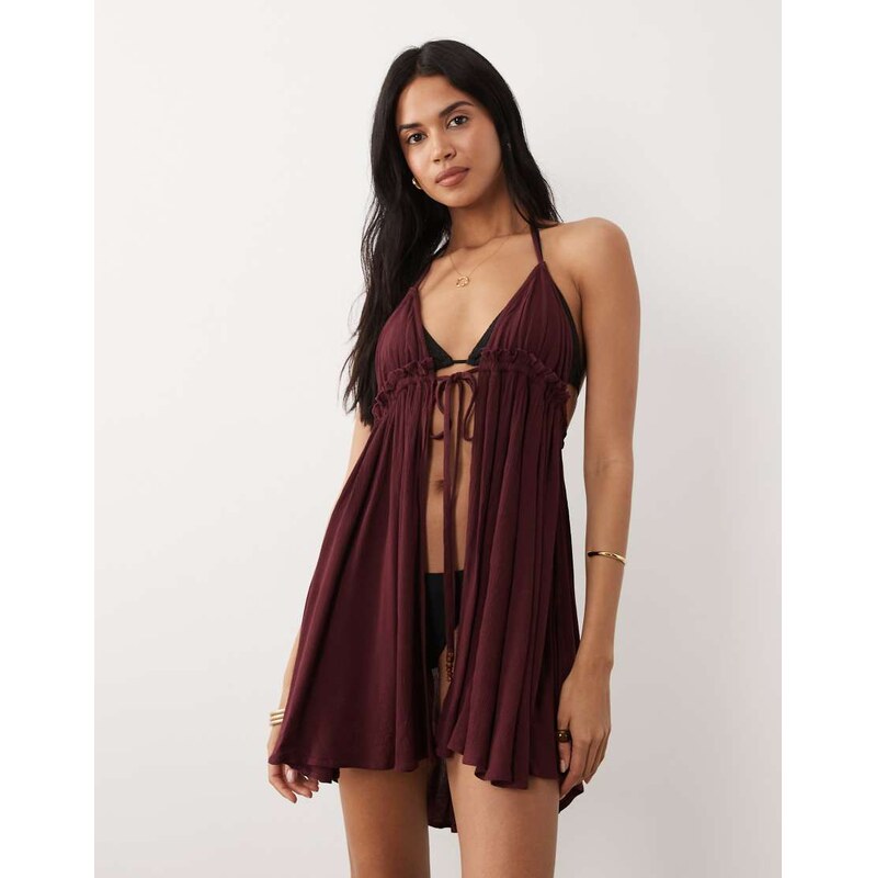 Miss Selfridge beach tie front halterneck mini cover up in plum-Red 115388546