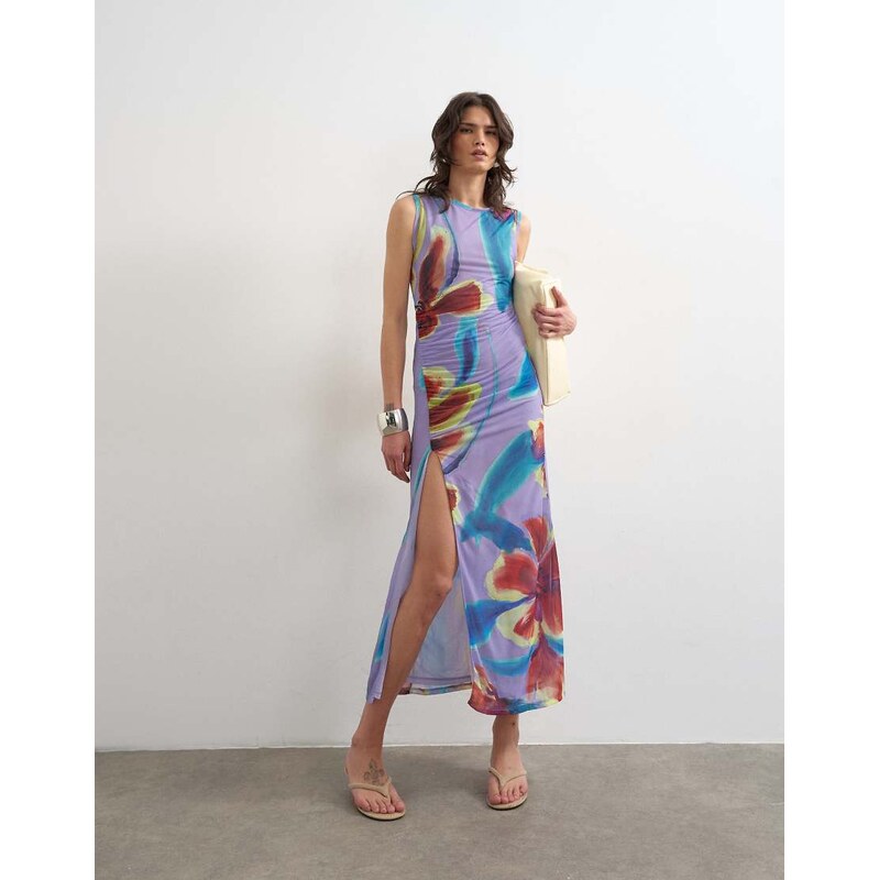 Topshop mesh floral print ruched maxi dress in purple