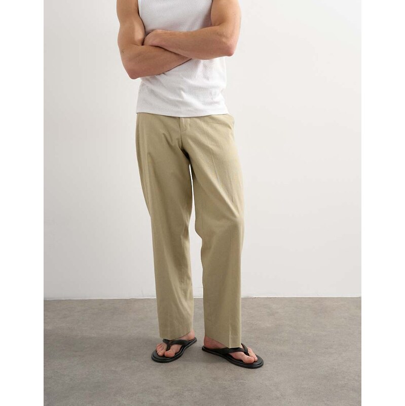 Topman wide leg linen rich trouser in beige-Neutral