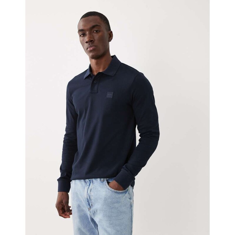 BOSS Orange passerby long sleeve polo shirt in navy