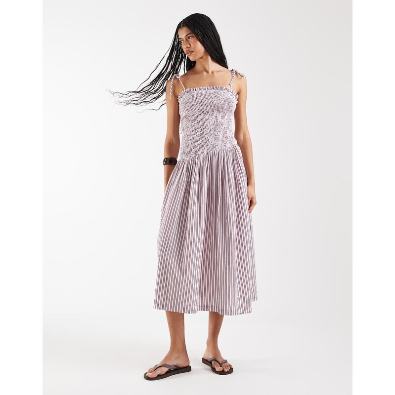 Reclaimed Vintage shirred bodice sundress in burgundy and cream