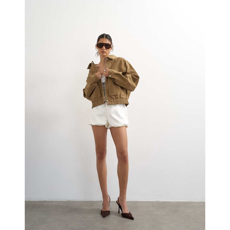 Topshop faux suede zip through bomber jacket in tan-Brown 115388622