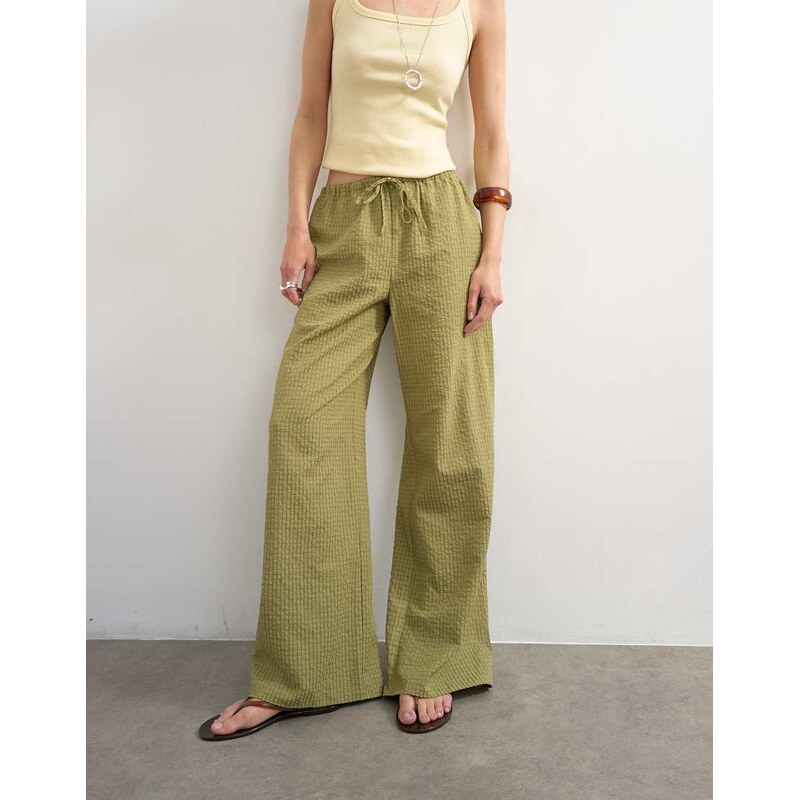 Topshop crinkle check drawcord trouser in green