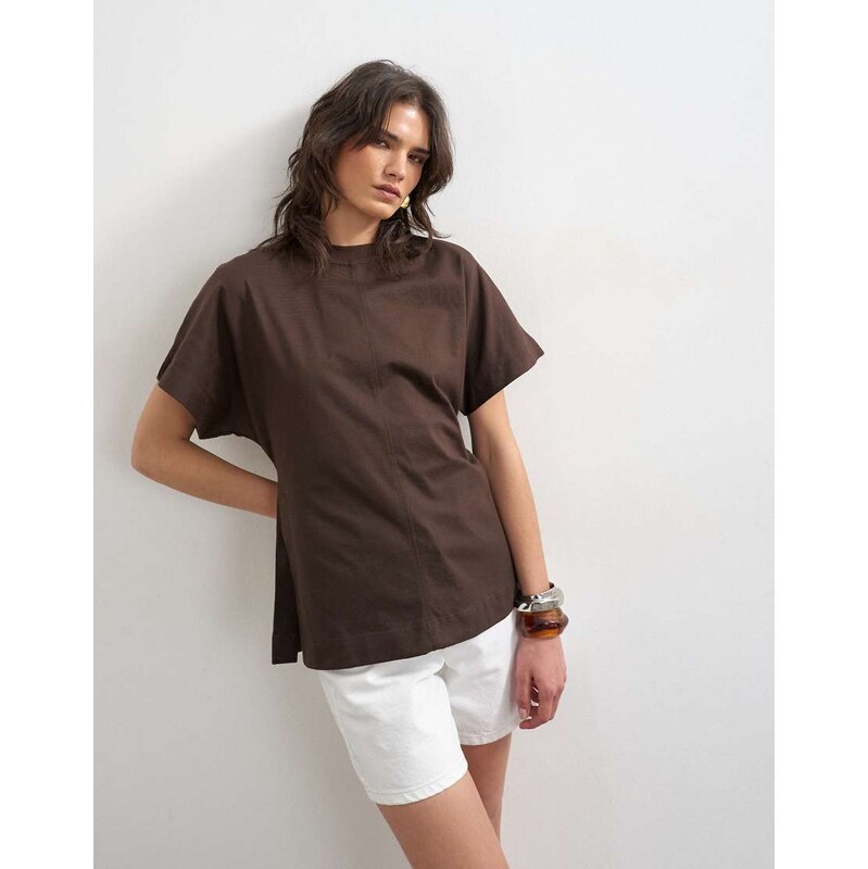 Topshop split side tee in dark chocolate-Brown
