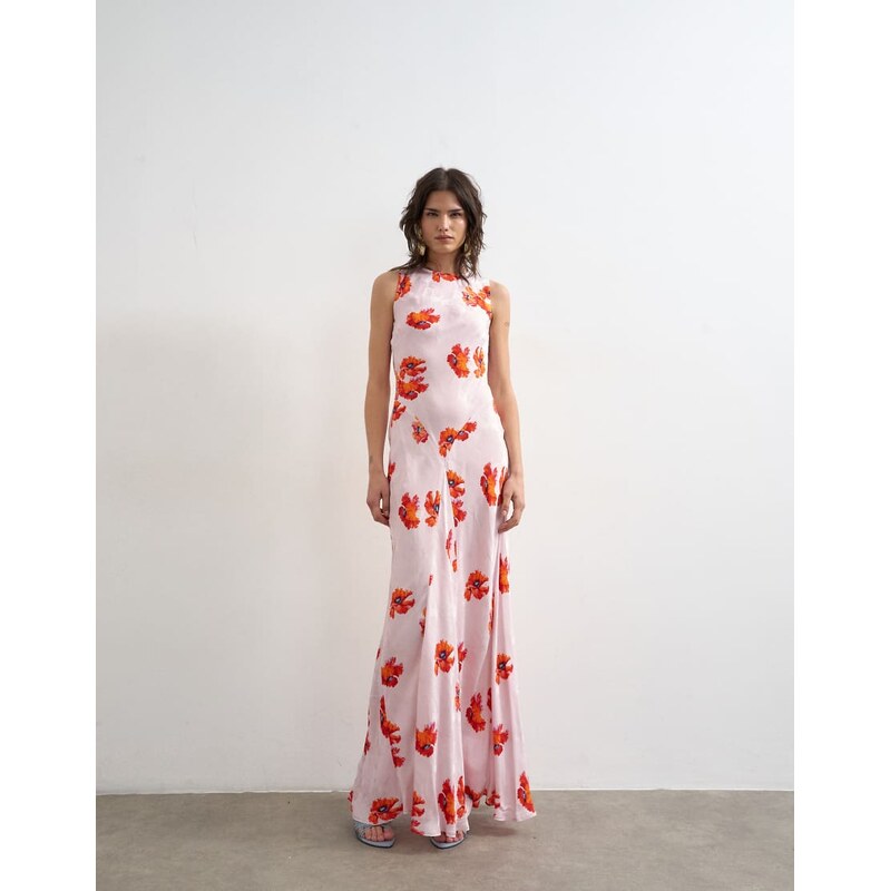 Topshop satin racer neck maxi dress in pink floral jacquard