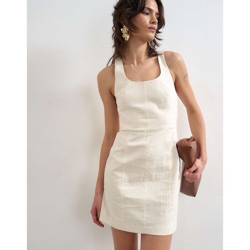 Topshop cotton scoop neck heavy twill seamed mini dress in off