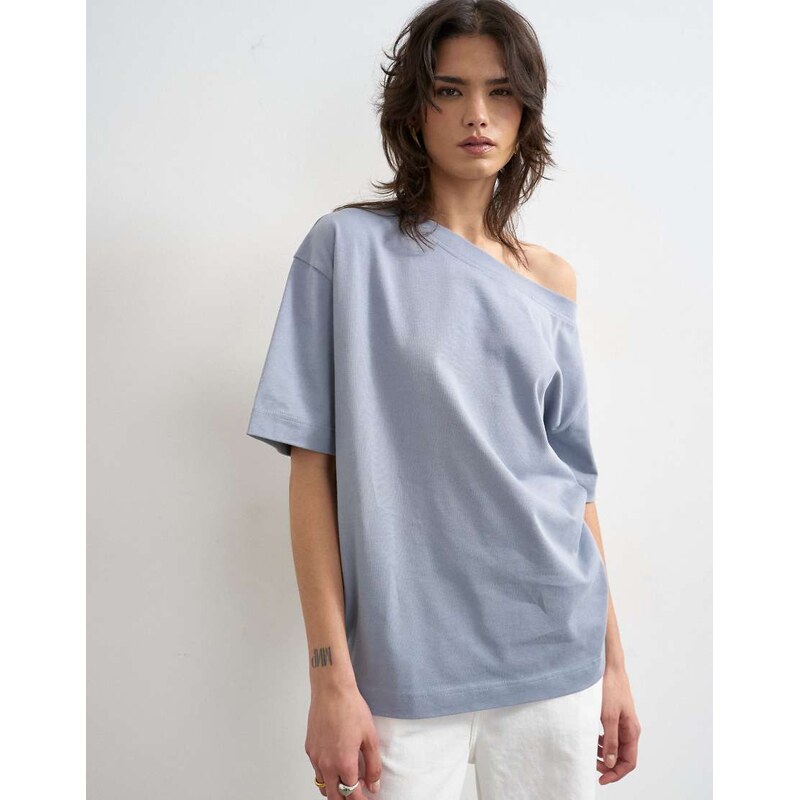 Topshop fallen shoulder t-shirt in dusty blue-No colour