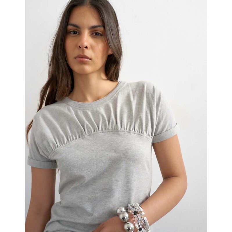 Topshop gathered yoke cap sleeve t-shirt in grey marl-White