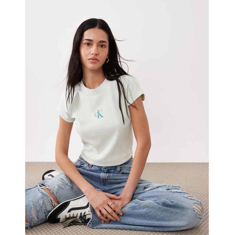 Calvin Klein Jeans monologo ribbed baby tee in light green 115388733