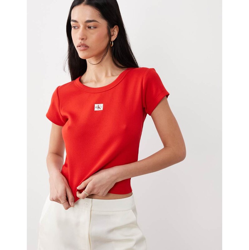 Calvin Klein Jeans Woven Label ribbed baby tee in ruby red