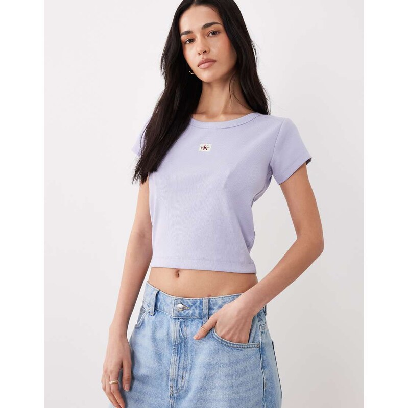 Calvin Klein Jeans woven label ribbed baby tee in lilac-Purple 115388737