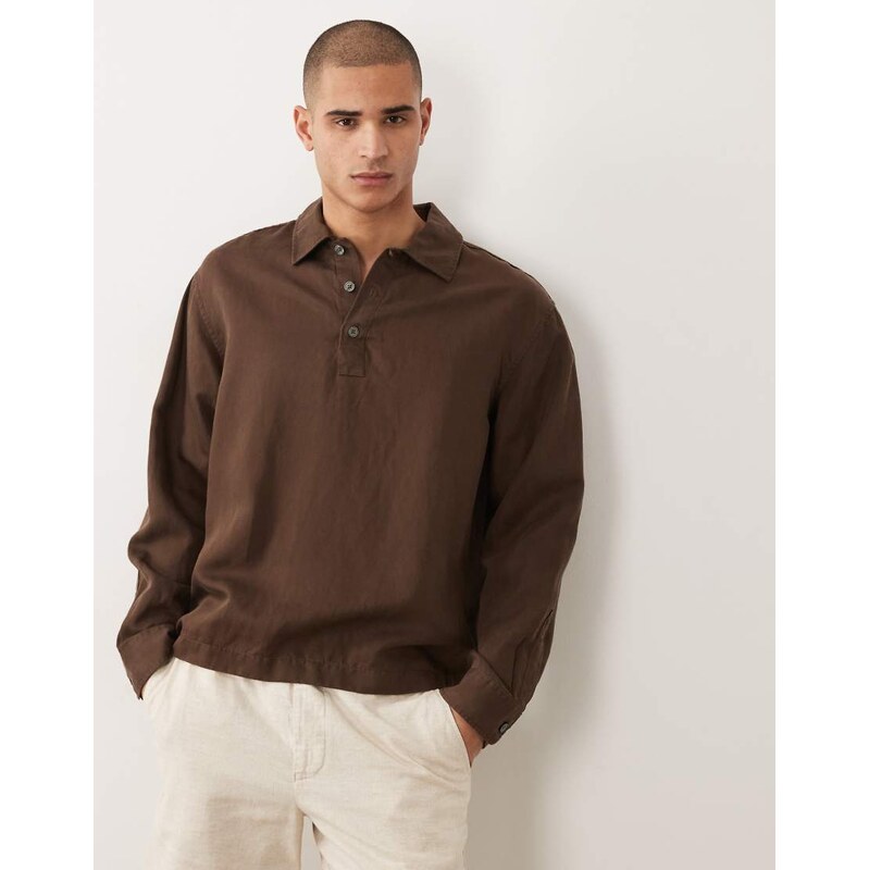 Selected linen blend long sleeve polo shirt in brown