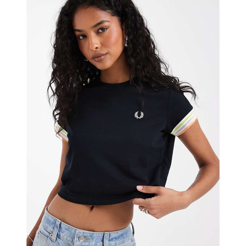 Fred Perry striped cuff pique t shirt in navy 115388744
