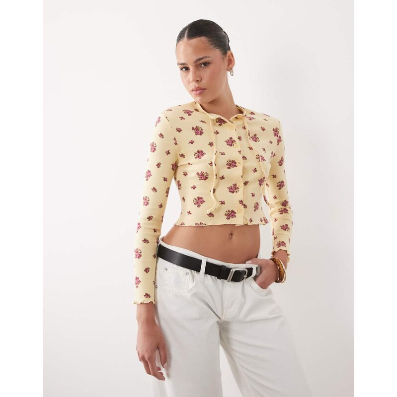 Miss Selfridge cropped cardigan with bow detail in yellow ditsy