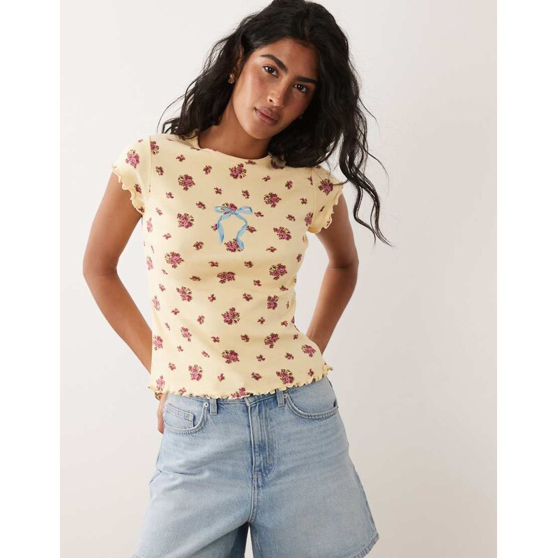 Miss Selfridge ribbed baby tee in buttermilk floral print-Yellow