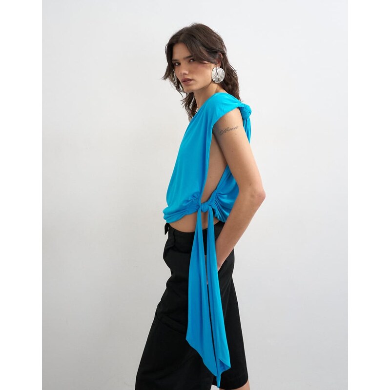 Topshop knot detail one shoulder top in blue
