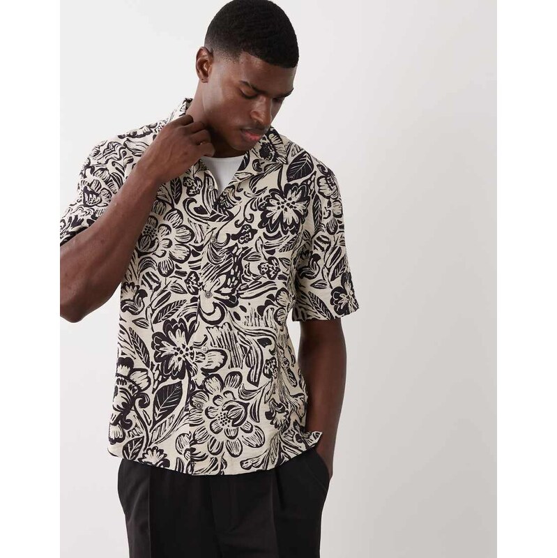 Mango retro floral print shirt in ecru-Neutral