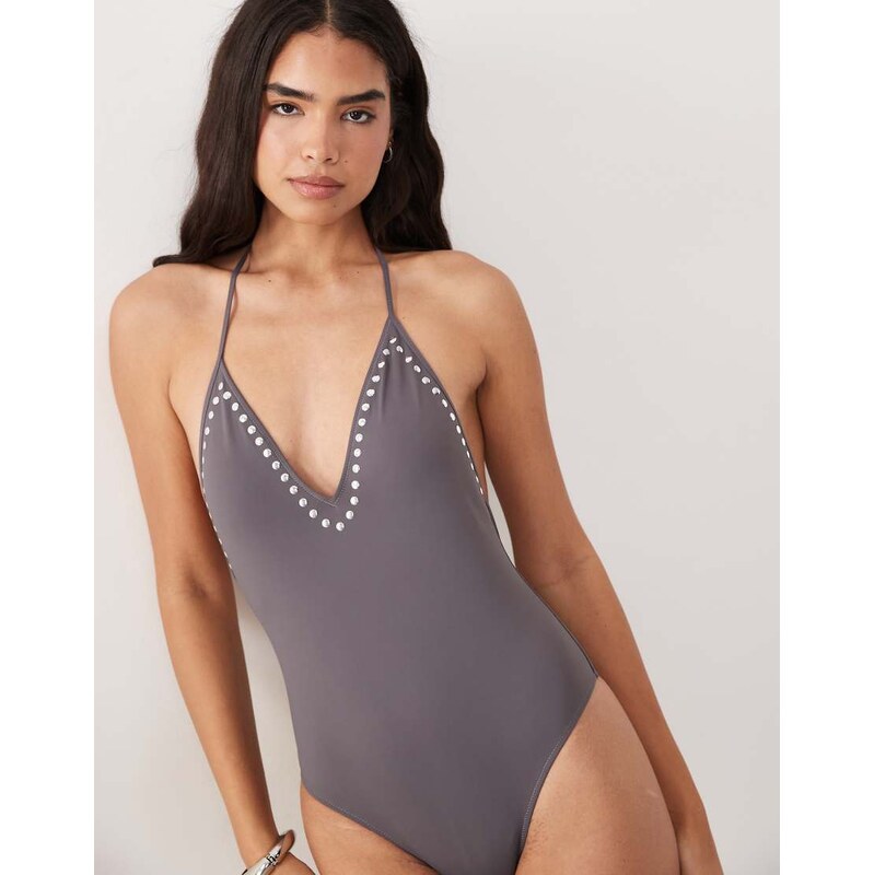 Mango plunge neck studded trim swim suite in grey 115388802